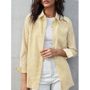 Yellow Striped Lapel Long Sleeve Casual Shirt For Women