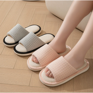 Plaid Minimalist Cotton Linen Indoor Slides Women, Elegant Tweed Style Home Slippers